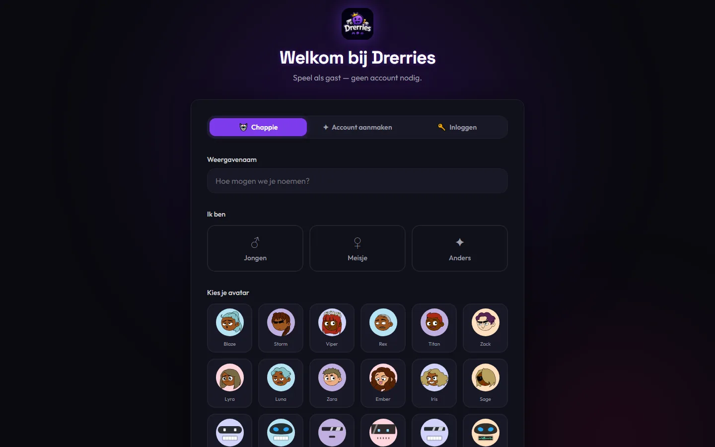 Startscherm van het Drerries-gamingplatform